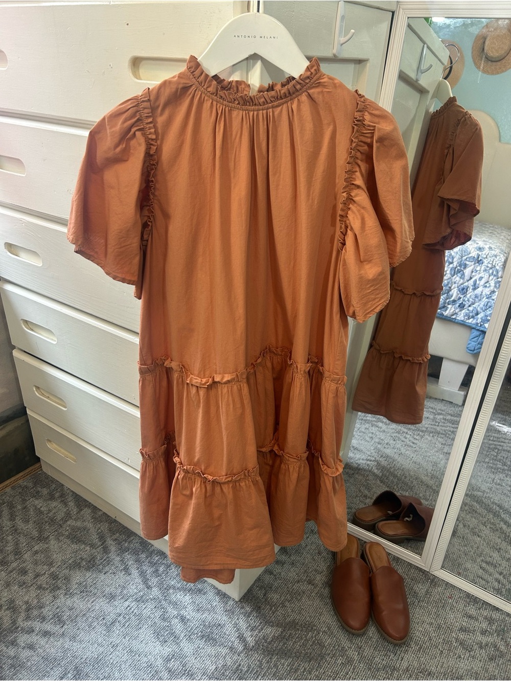 Darling Autumn Rust Tiered Ruffle Detail 100% Cotton Fluttered Sleeve Dress✨ - Picture 2 of 7